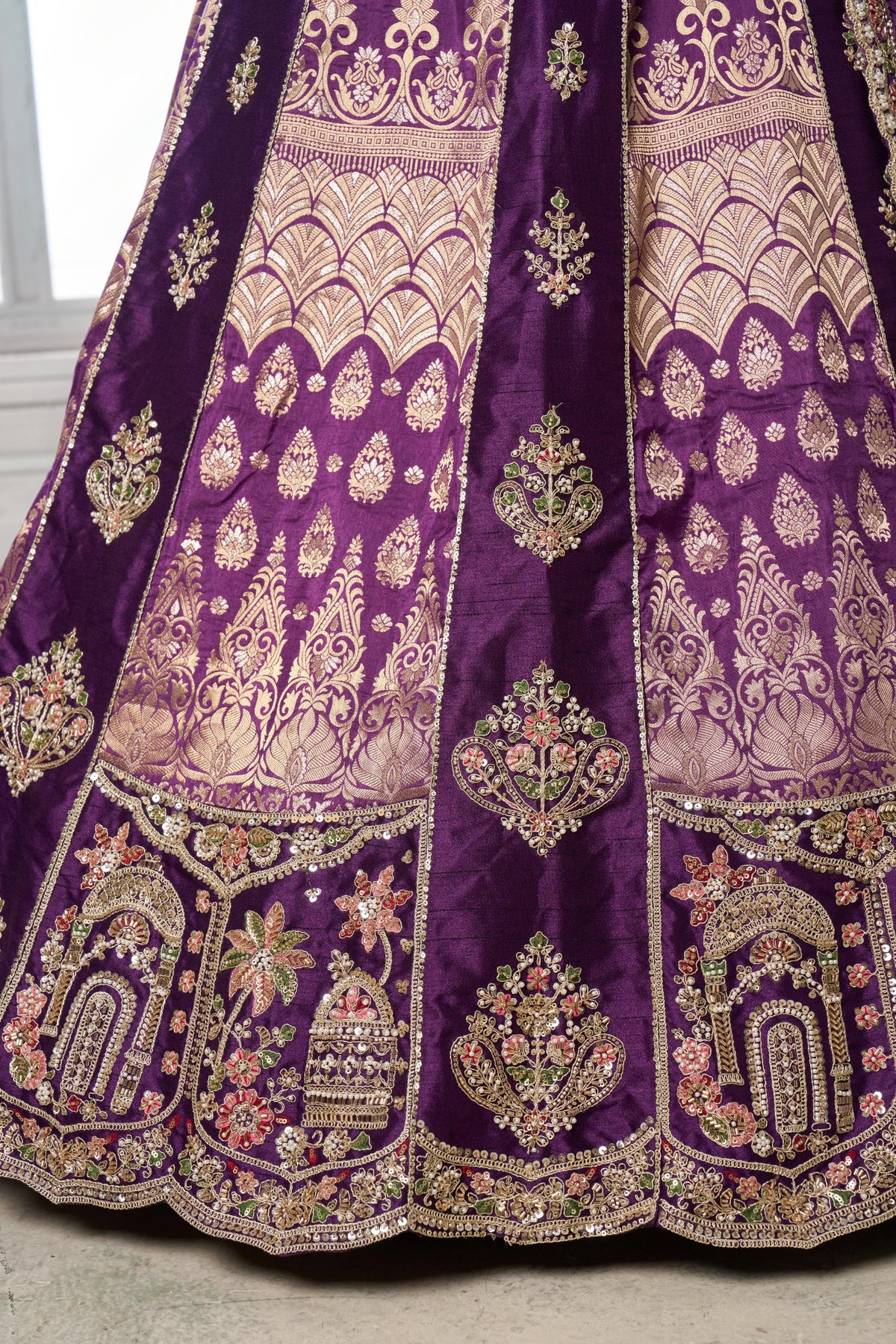 Purple Banarasi Silk Pearl & Sequin Embroidered Wedding Lehenga
