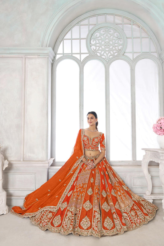 Rust Orange Raw Silk Pearl & Sequin Embroidered Wedding Lehenga