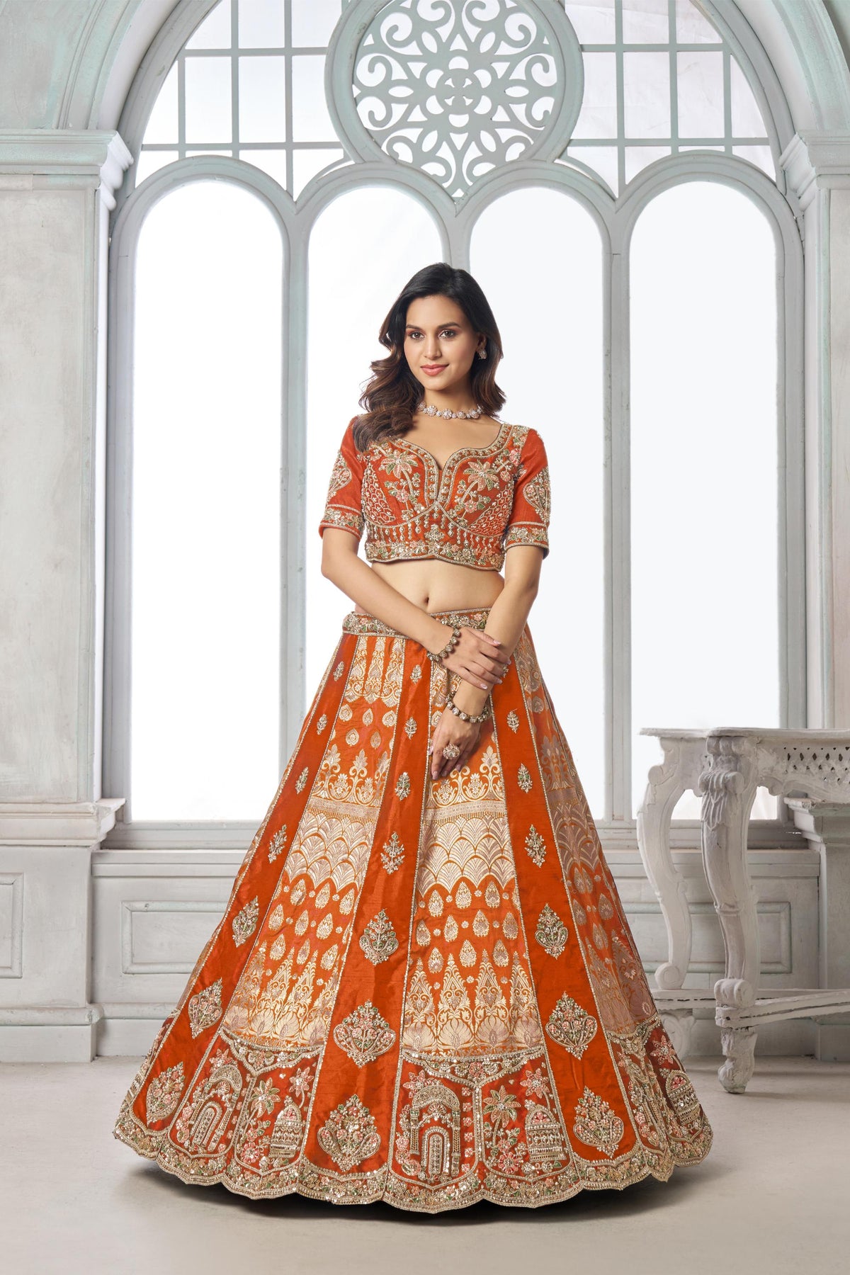 Rust Orange Raw Silk Pearl & Sequin Embroidered Wedding Lehenga