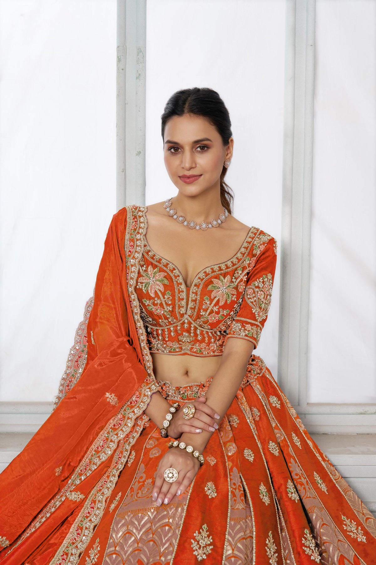 Rust Orange Raw Silk Pearl & Sequin Embroidered Wedding Lehenga
