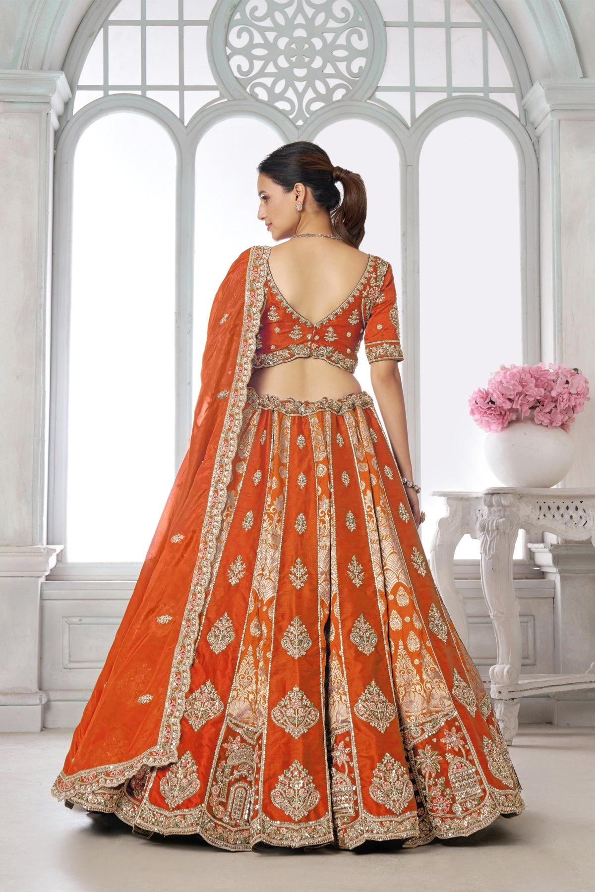 Rust Orange Raw Silk Pearl & Sequin Embroidered Wedding Lehenga