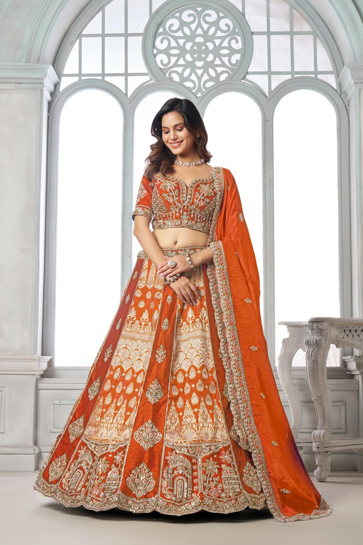 Rust Orange Raw Silk Pearl & Sequin Embroidered Wedding Lehenga
