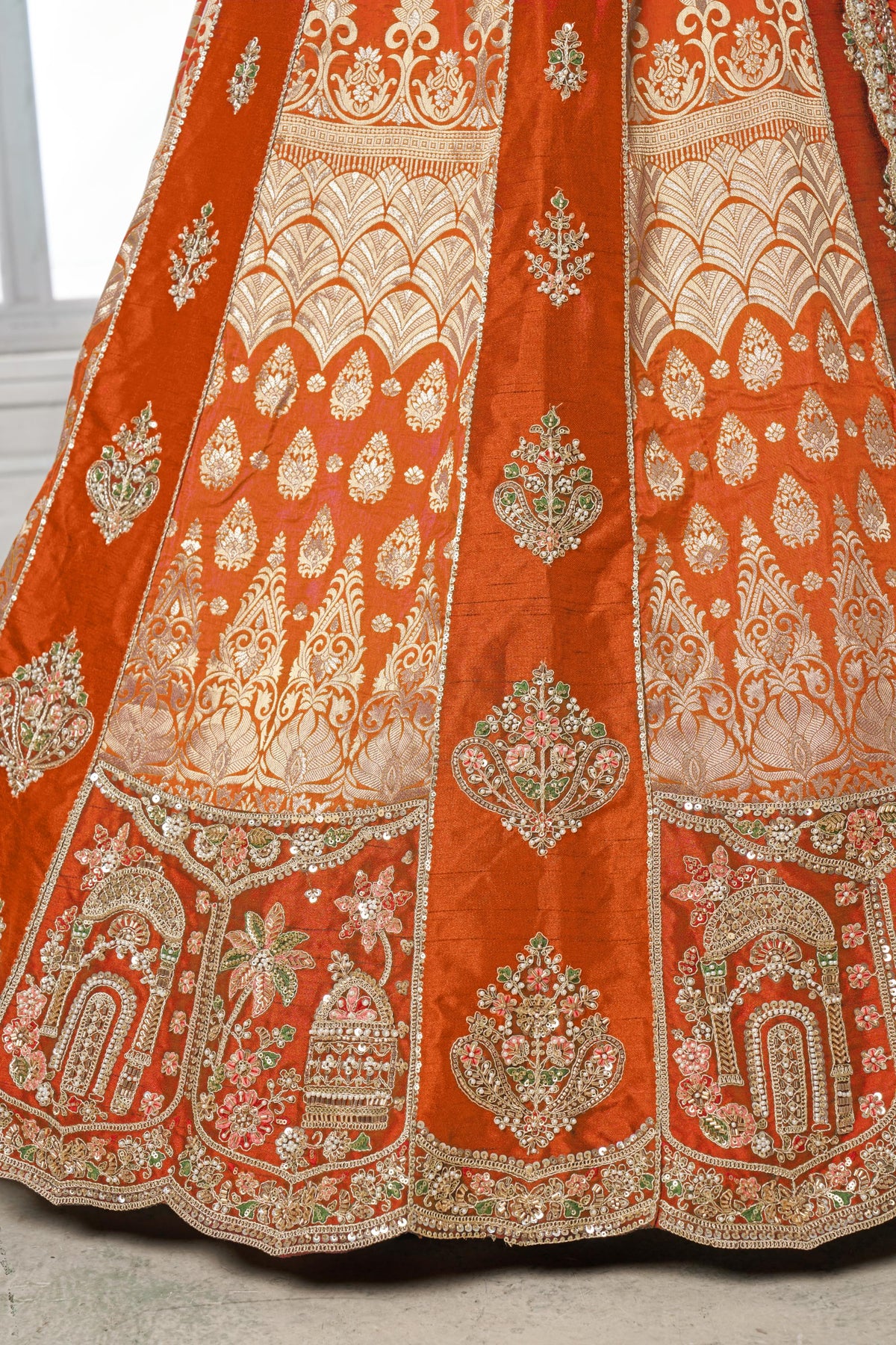 Rust Orange Raw Silk Pearl & Sequin Embroidered Wedding Lehenga