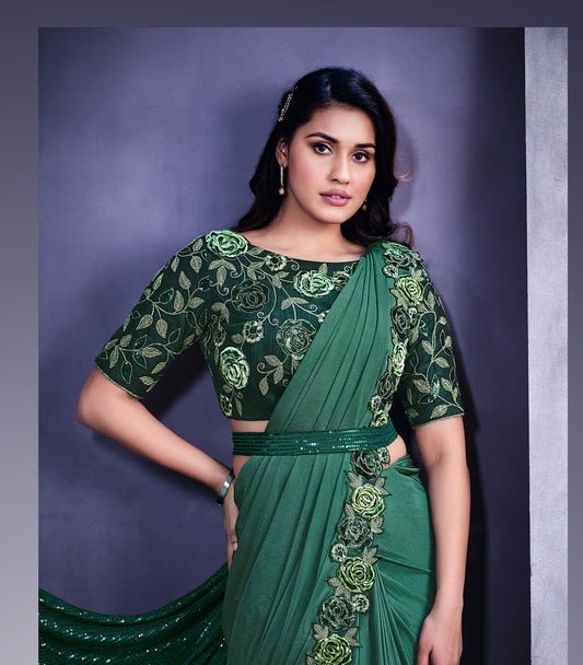 Dark Green Floral Embroidery Crystal Lycra Saree for Sangeet