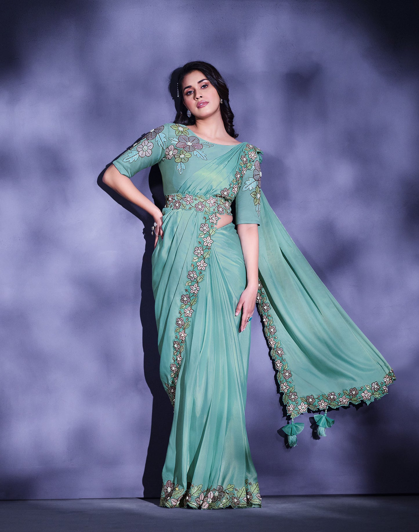 Aqua Blue Floral Embroidery Crepe Silk Wedding Guest Saree