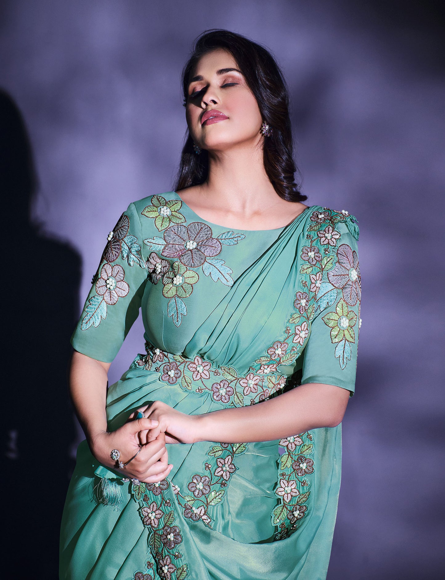 Aqua Blue Floral Embroidery Crepe Silk Wedding Guest Saree