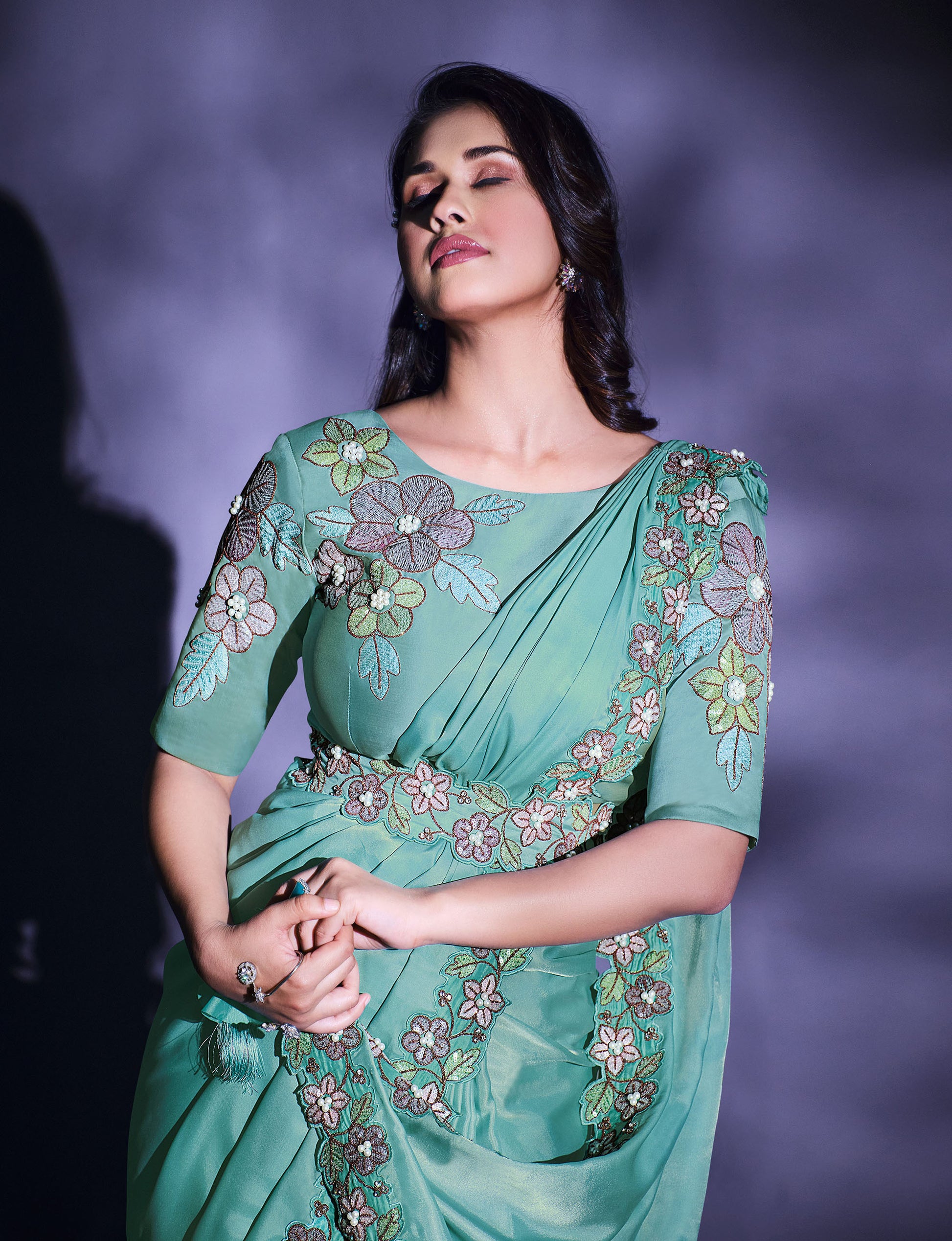 Aqua Blue Floral Embroidery Crepe Silk Wedding Guest Saree