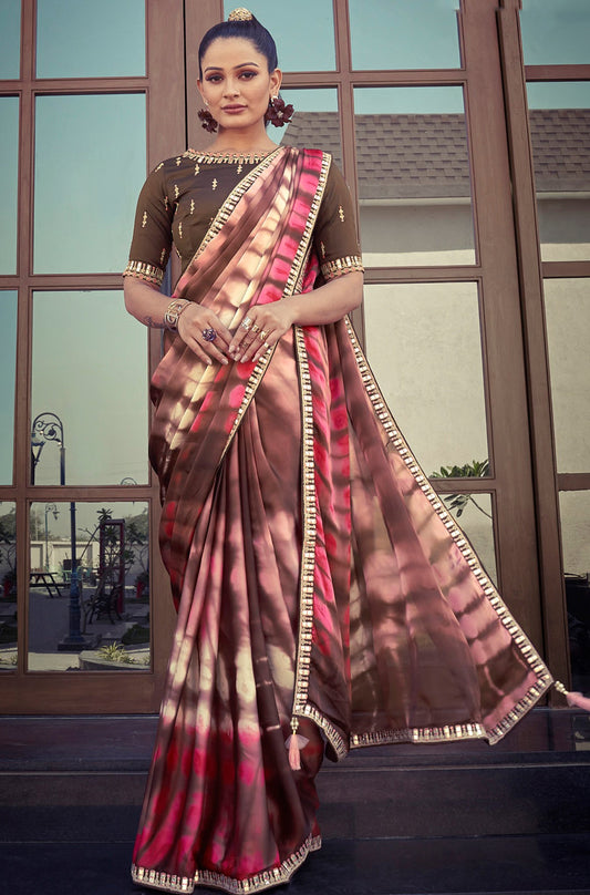 Brown Crepe Satin Silk Printed Partywear Saree