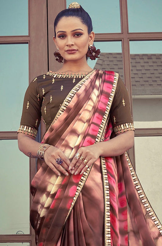 Brown Crepe Satin Silk Printed Partywear Saree
