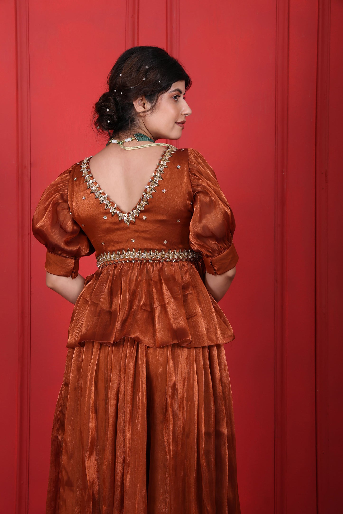 Rust Brown Embroidered Peplum Blouse With Flared Pants