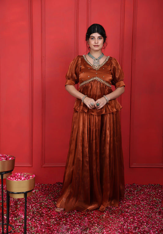 Rust Brown Embroidered Peplum Blouse With Flared Pants