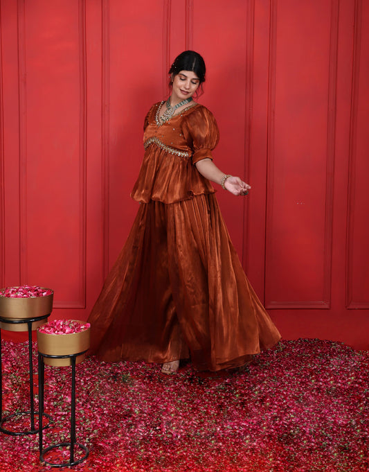 Rust Brown Embroidered Peplum Blouse With Flared Pants