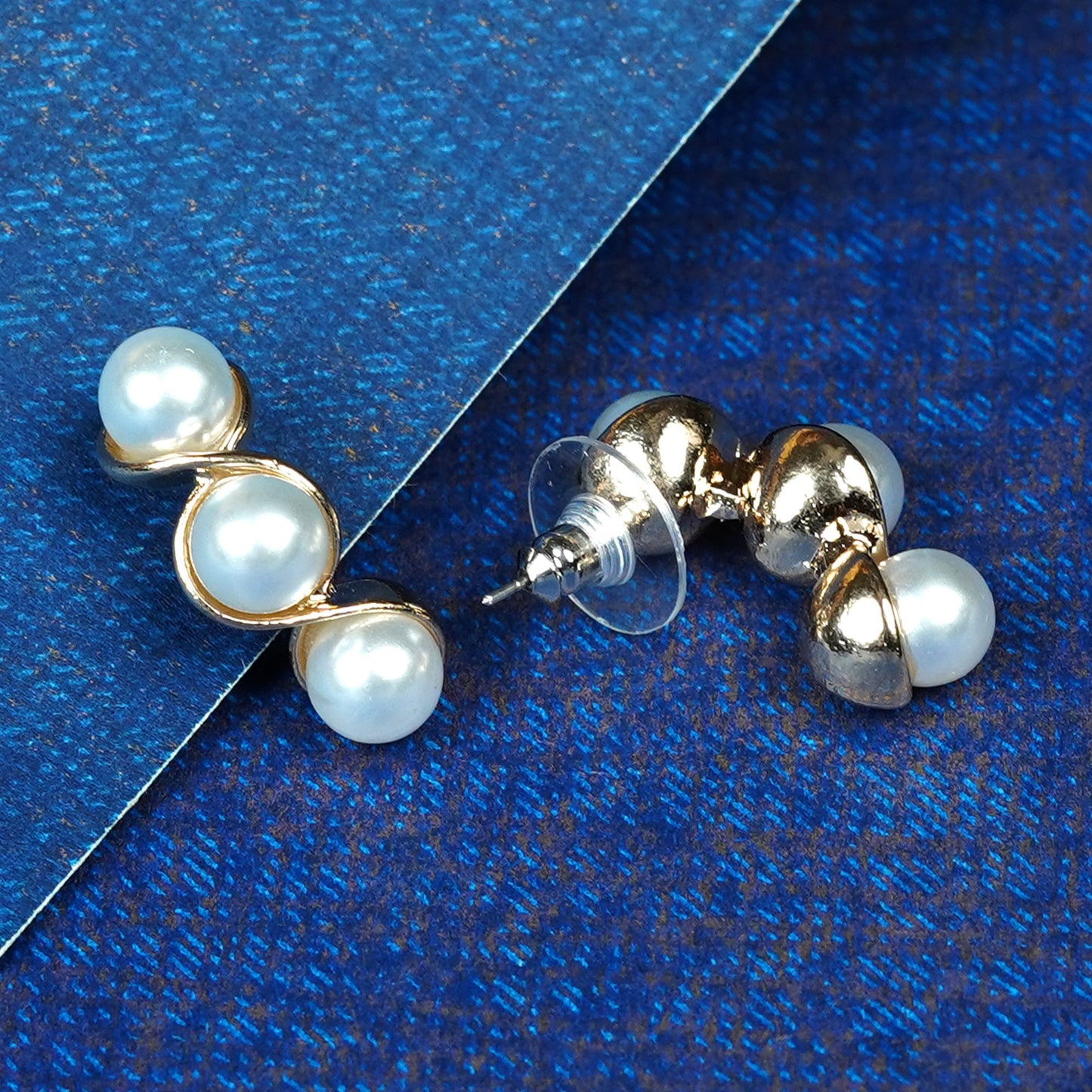 Zevar Club Rose Gold Tone Triple Glossy White Pearl Beaded Curved Wave Design Drop Earrings for Women