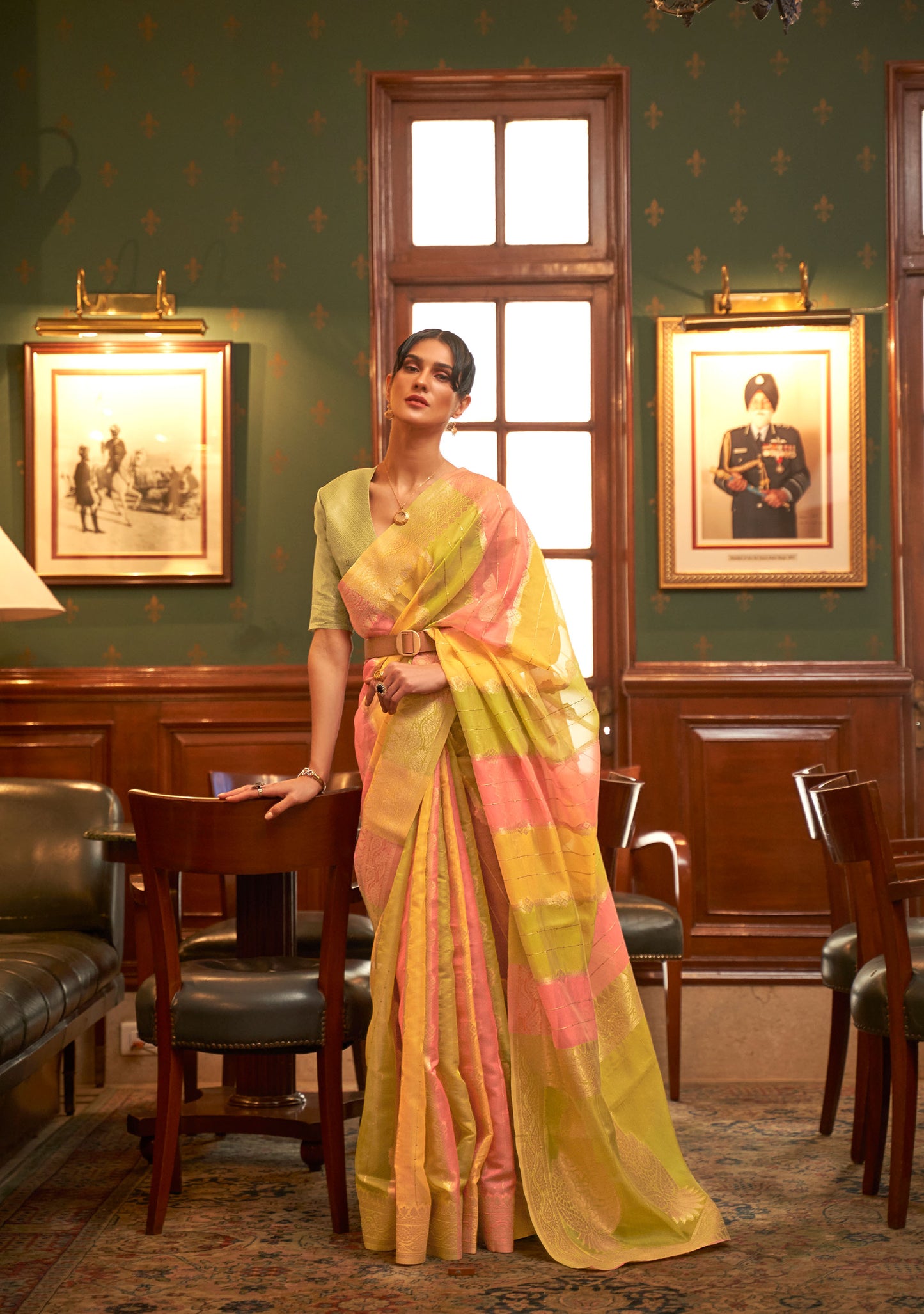 Lime Multi color Kenzo Organza Saree