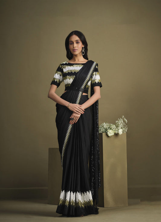 Black Sequins Work Crepe Silk Partywear Saree