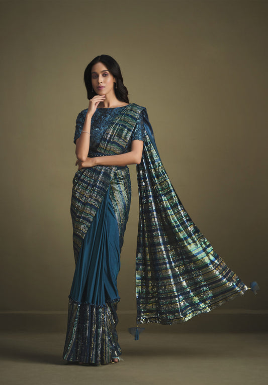 Teal Blue Sequins Work Crystal Silk Partywear Saree