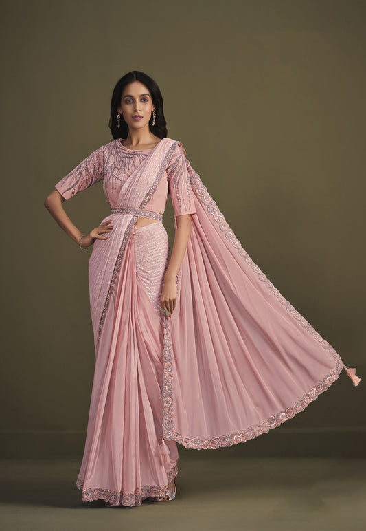 Peach Jerkin Work Georgette Crepe Silk Partywear Saree