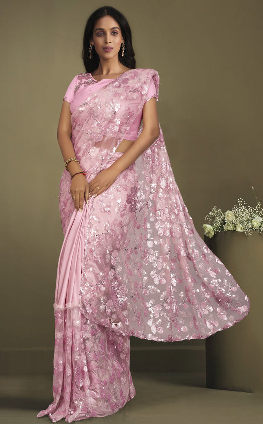 Dazzling Pink Color Sequins Work Crepe Silk Partywear Saree