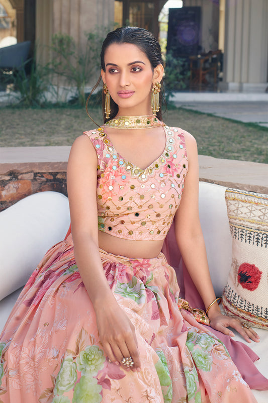 Pink Sequins and Mirror Work Georgette Bridesmaid Lehenga