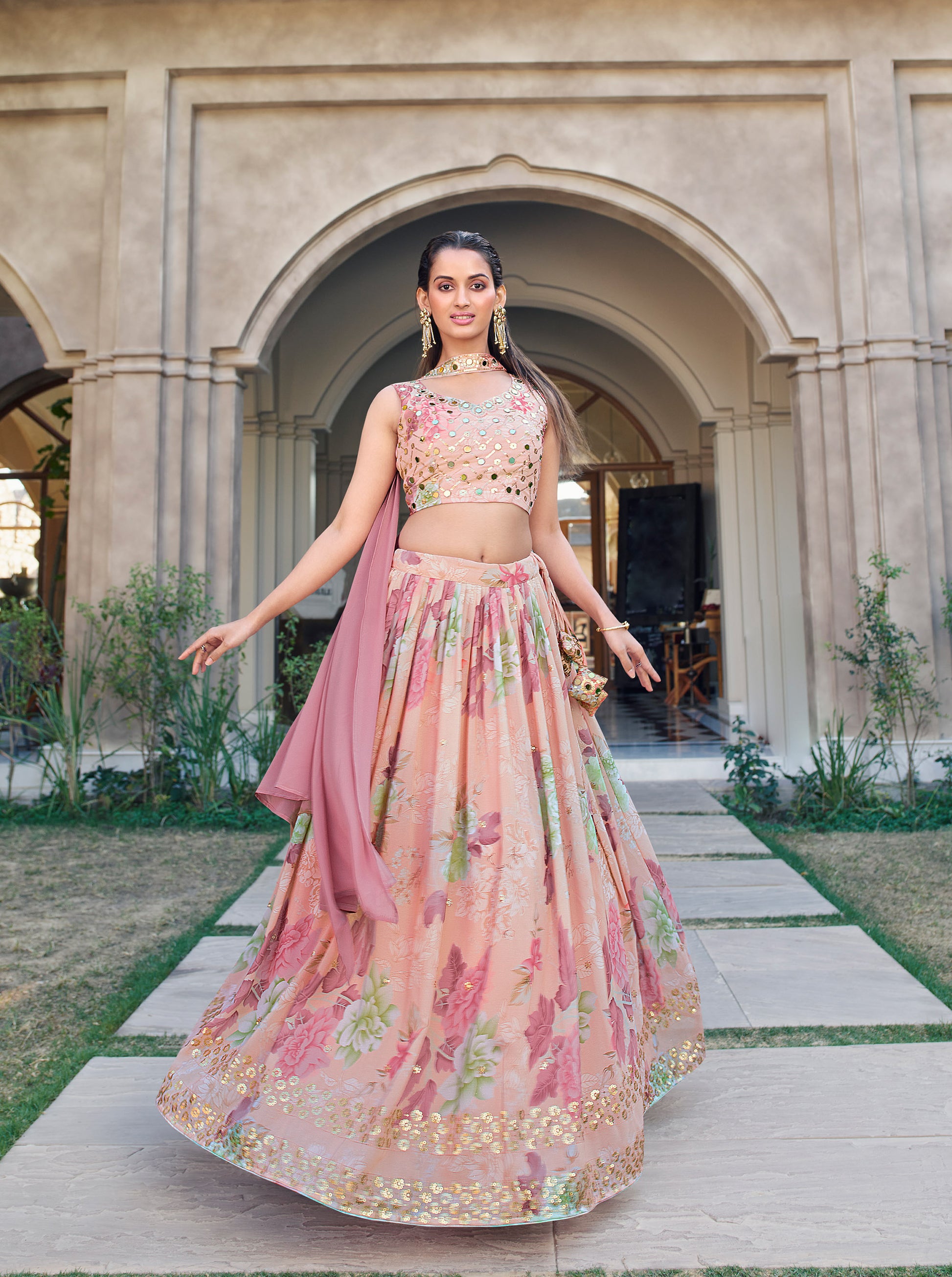 Pink Sequins and Mirror Work Georgette Bridesmaid Lehenga