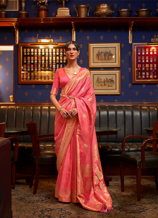 Peach Kazel Satin Silk Woven Saree