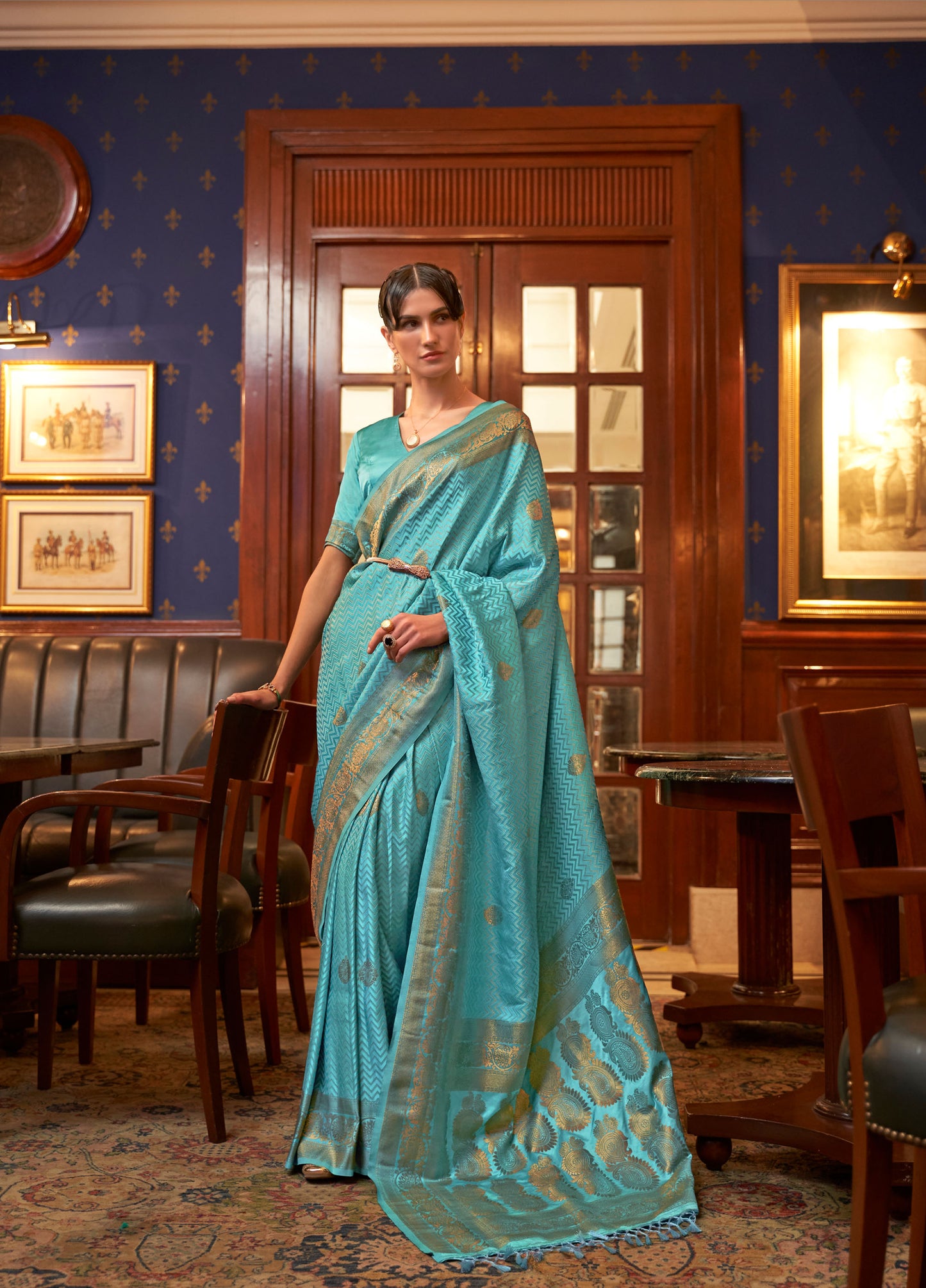 Blue Kazel Satin Silk Woven Saree