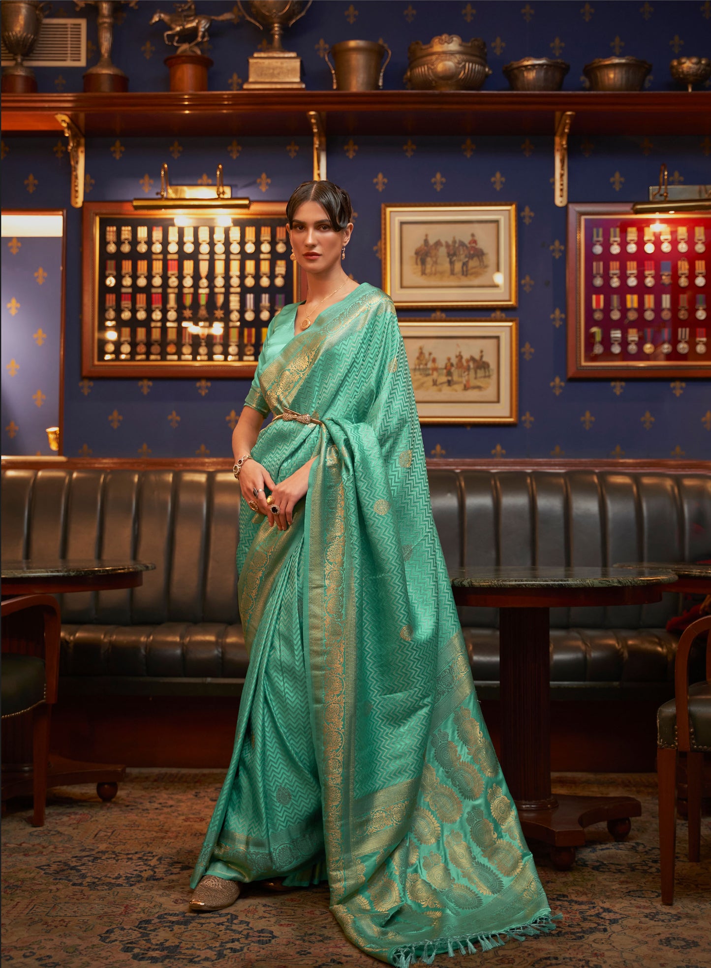 Green Kazel Satin Silk Woven Saree