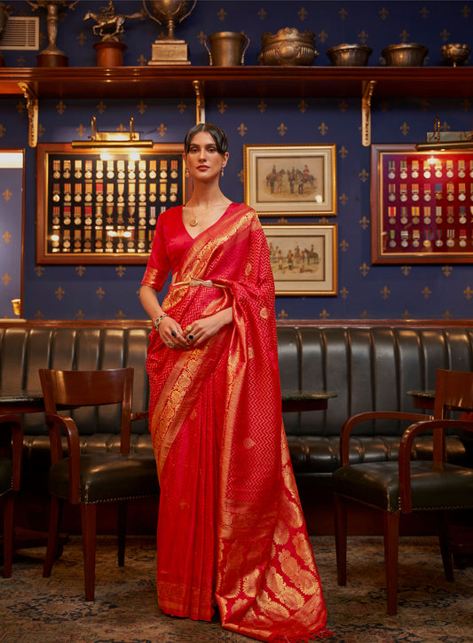 Red Kazel Satin Silk Woven Saree