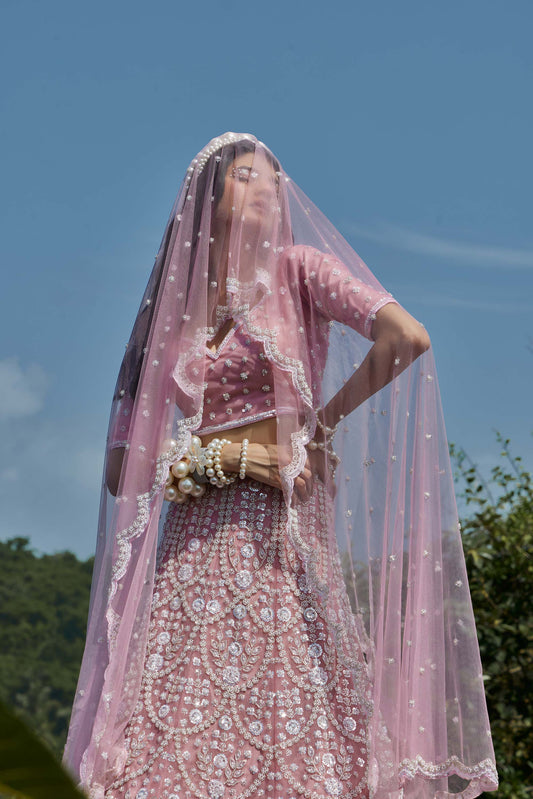 Mahavir Machine Embroidered Net Pink Bridal lehenga