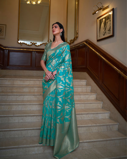 Turquoise Keesha Organza Two tone Handloom Saree