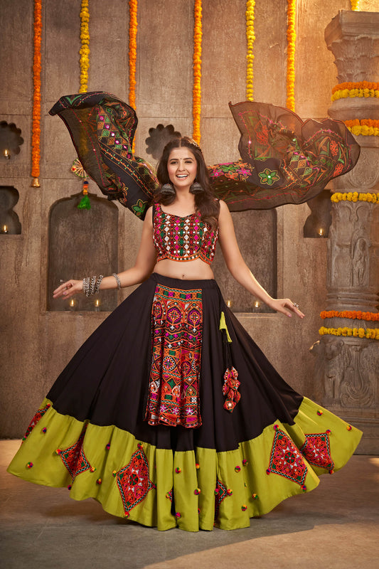 Black Mirror Work Viscose Rayon with Green Border Navaratri Lehenga