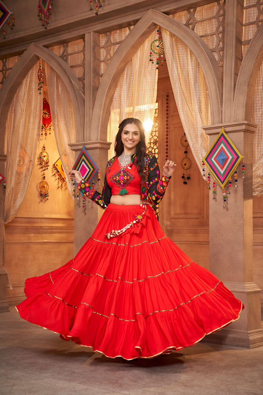 Red Viscose Rayon Thread & Mirror Work Navratri Chaniya Choli