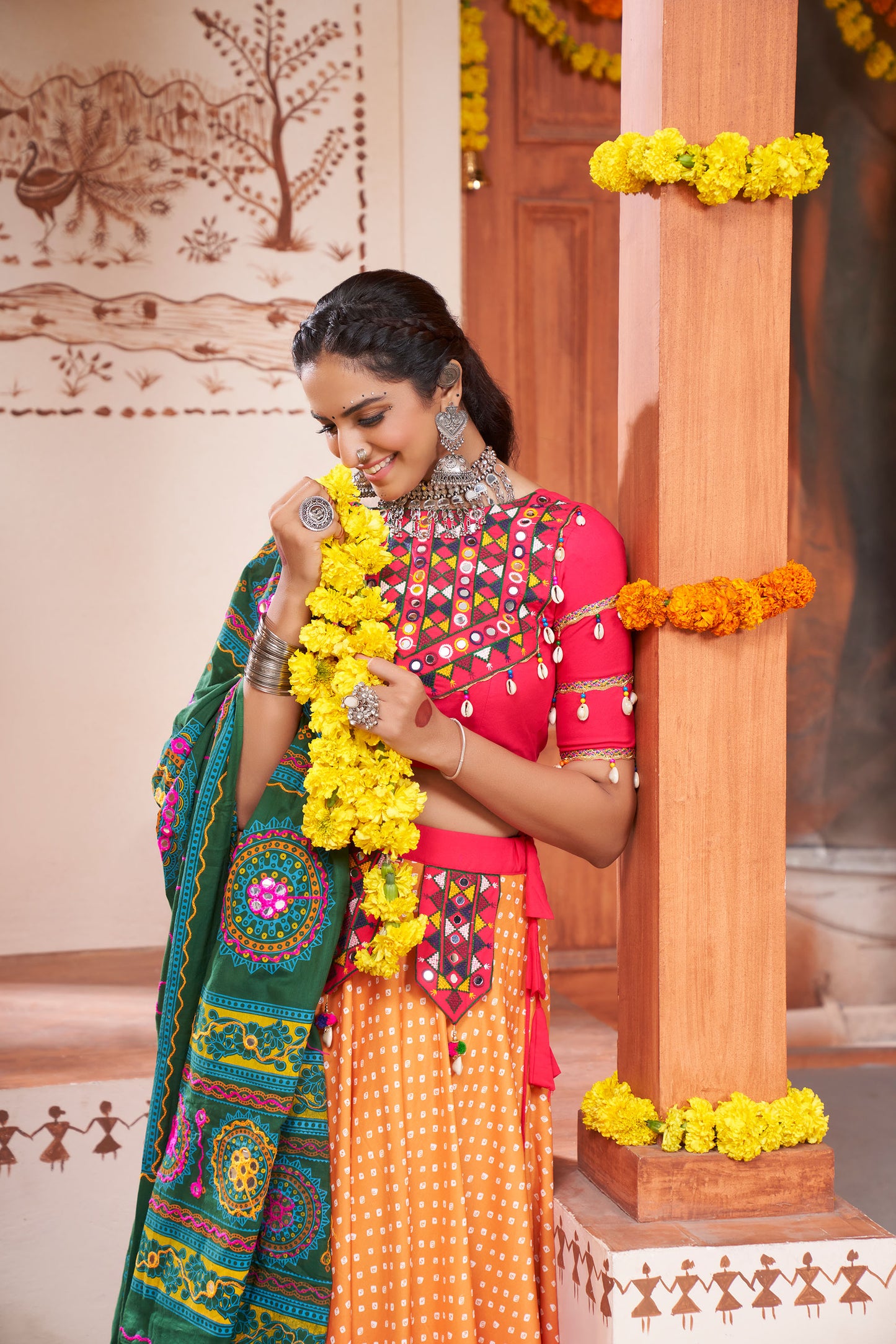 Yellow & Pink Rayon Embroidery Mirror Work Navaratri Chaniya Choli