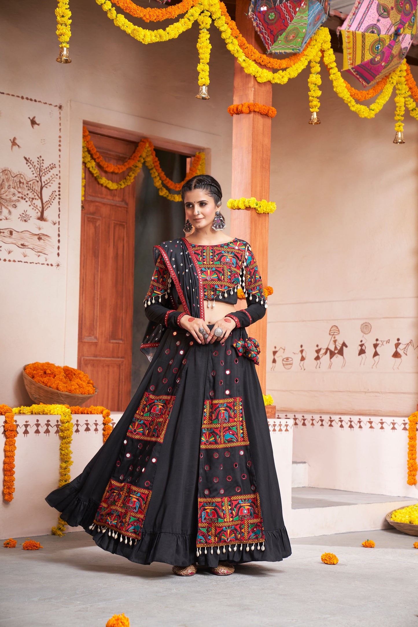 Black Viscose Rayon Embroidery Mirror Work Navaratri Chaniya Choli