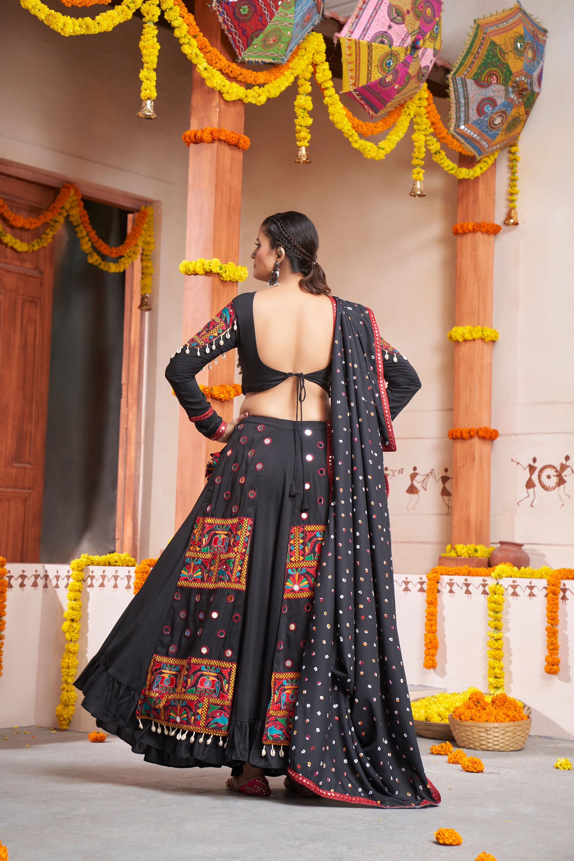 Black Viscose Rayon Embroidery Mirror Work Navaratri Chaniya Choli