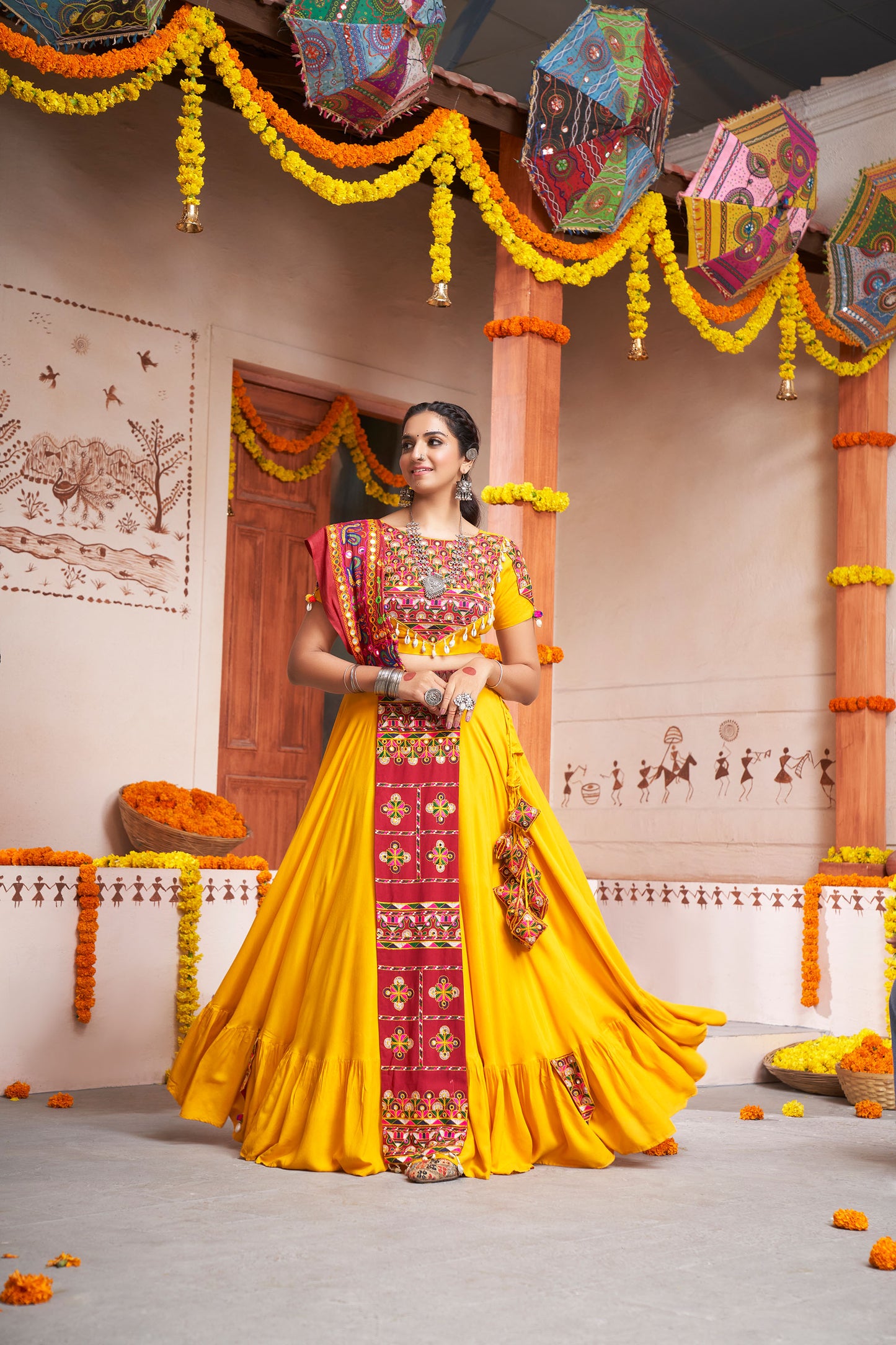 Yellow Viscose Rayon Thread, Mirror Work Navaratri Chaniya Choli