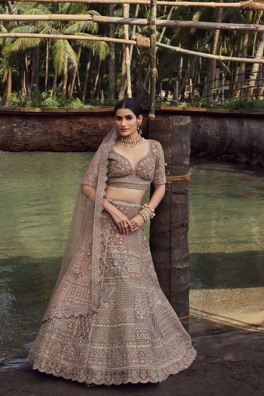 Mahavir Machine Embroidered Net Onion Pink Bridal lehenga