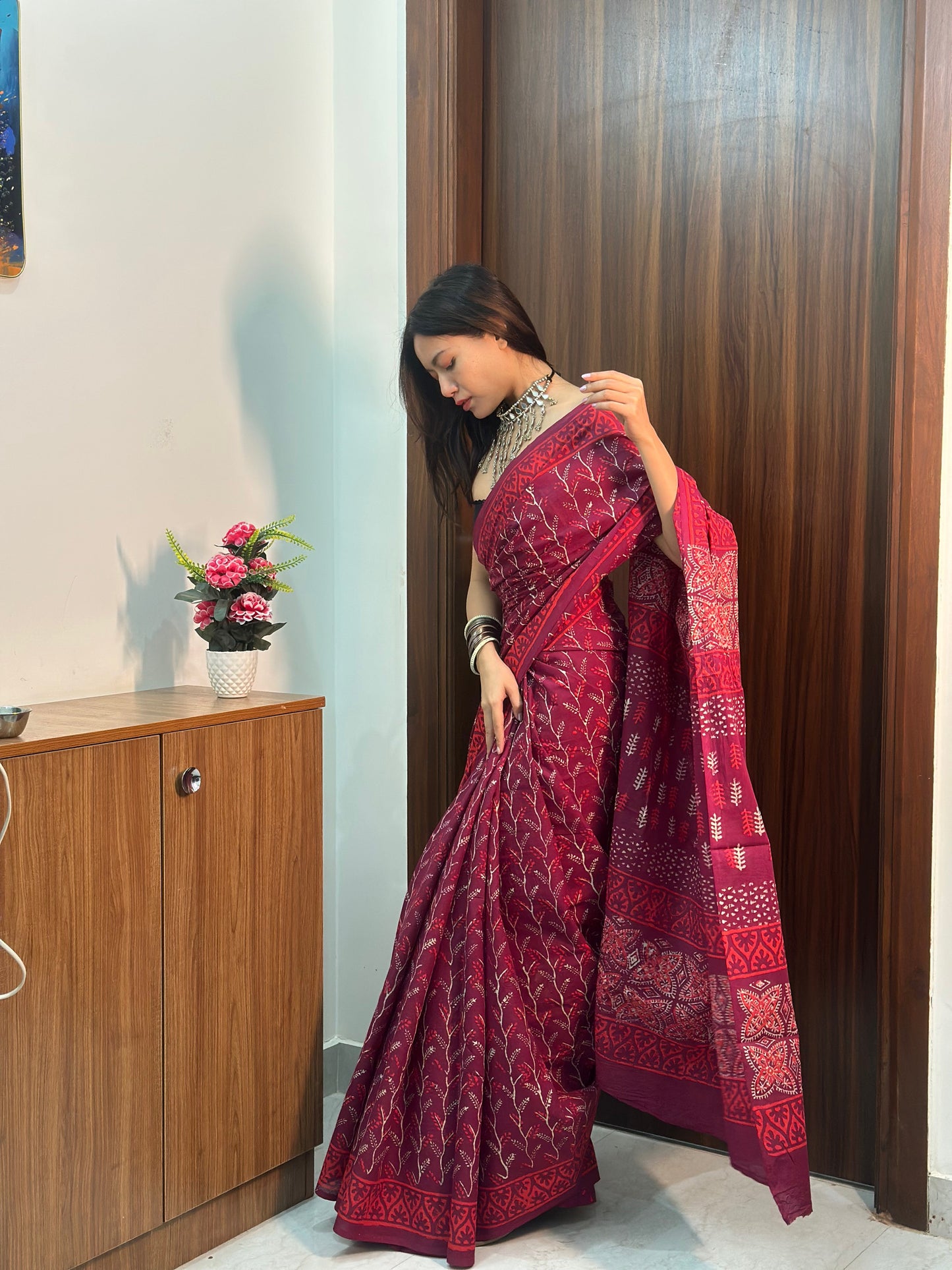 Mulberry Magic Purple & Maroon Floral Mulmul Saree