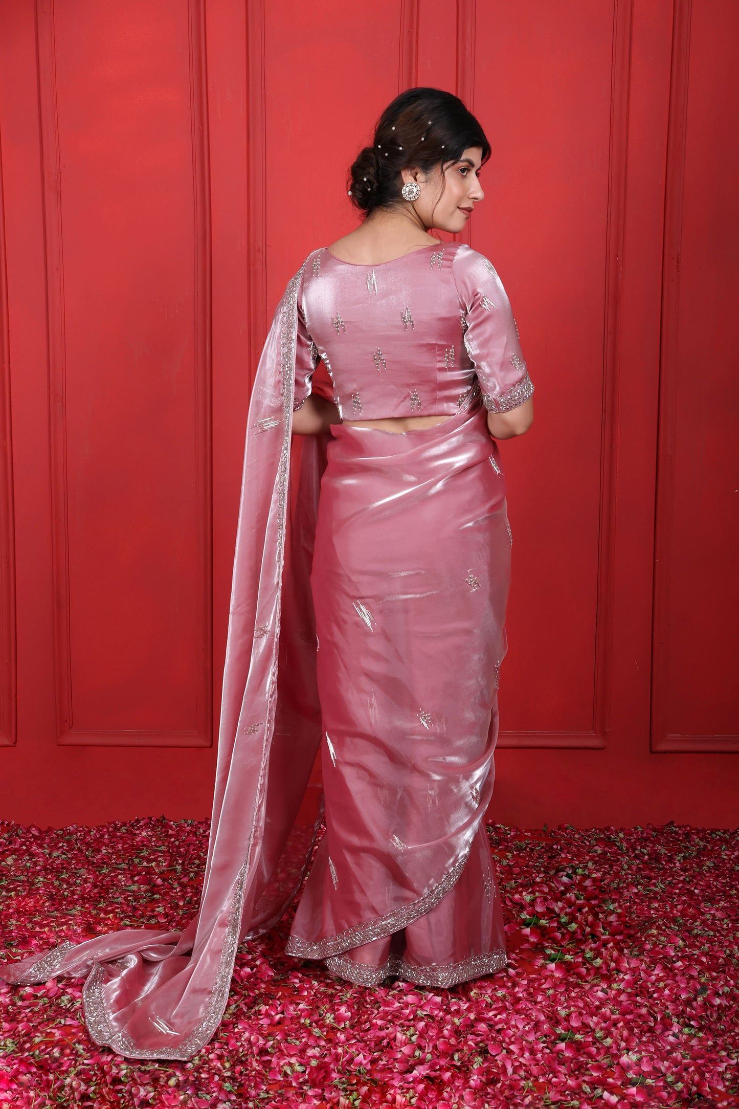 Hand Embroidered Dusty Rose Saree Set