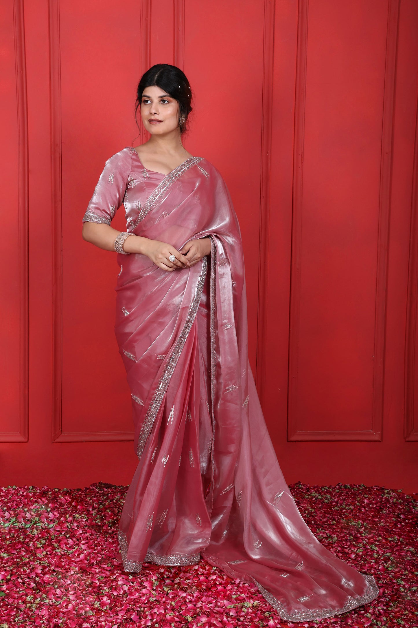 Hand Embroidered Dusty Rose Saree Set