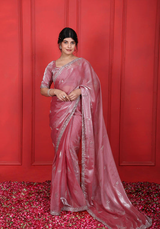 Hand Embroidered Dusty Rose Saree Set
