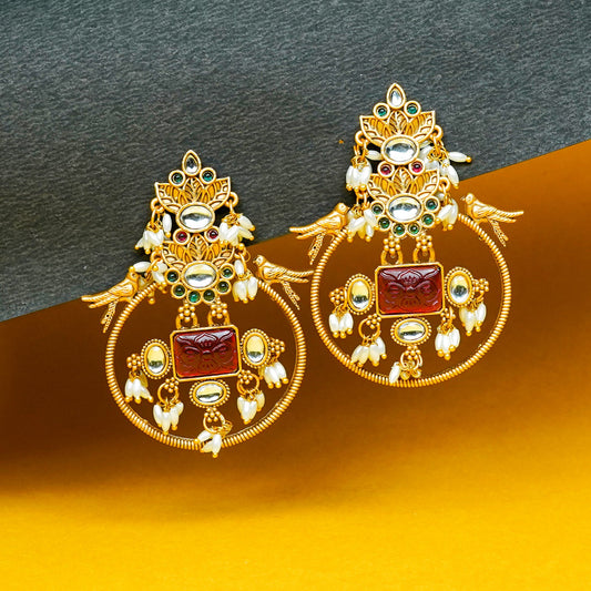 Zevar Club 18K Gold-Plated White Kundan Studded Bird Motif Drop Earrings with Pearls & Red Stone