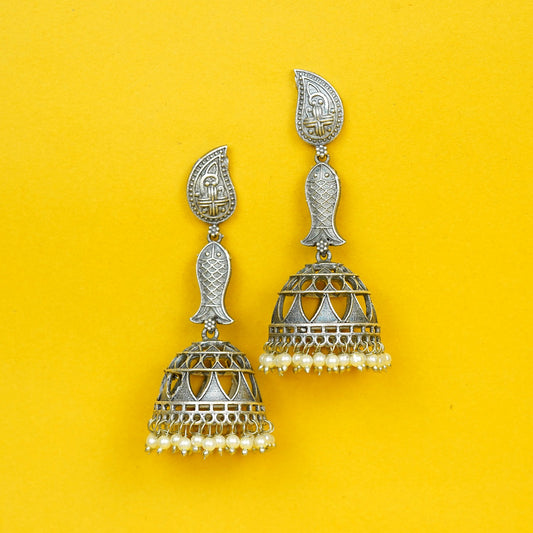 Zevar Club Oxidised Silver-Plated Dome-Shaped Handcrafted Jhumka Earrings with White Pearl Beads