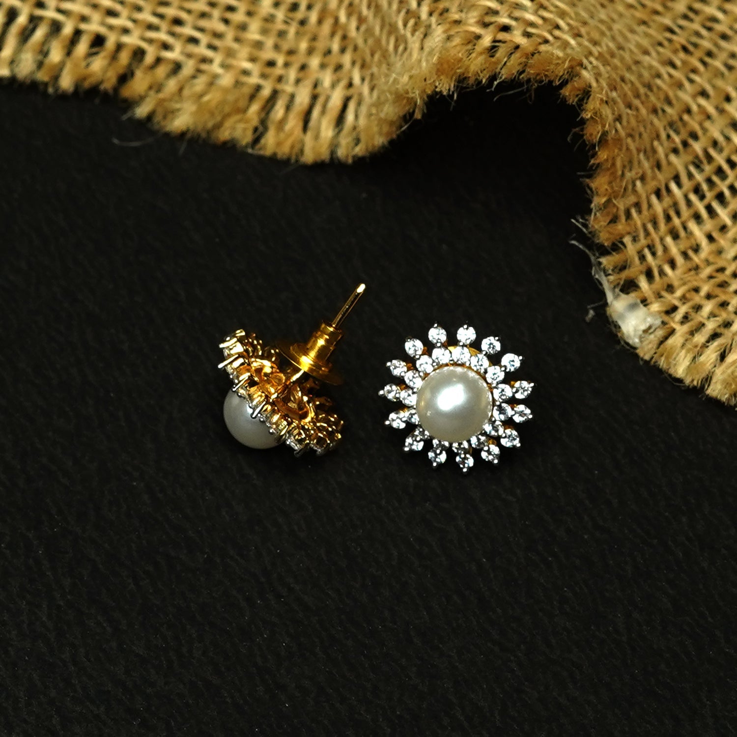 Zevar Club Rhodium-Plated White Pearl & Cubic Zirconia Floral Stud Earrings in Gold Tone