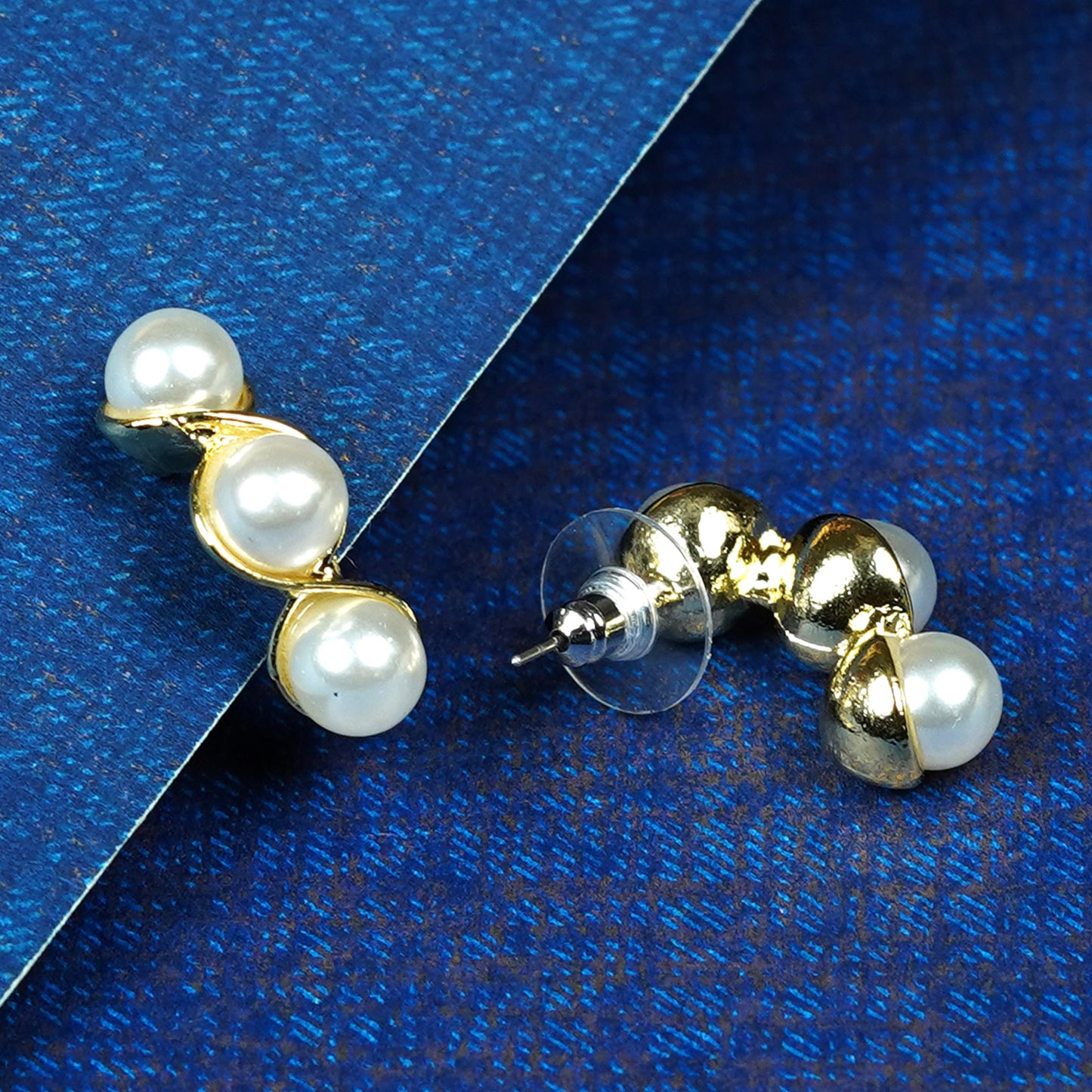 Zevar Club Gold Tone Triple Glossy White Pearl Beaded Curved Wave Design Drop Earrings for Women