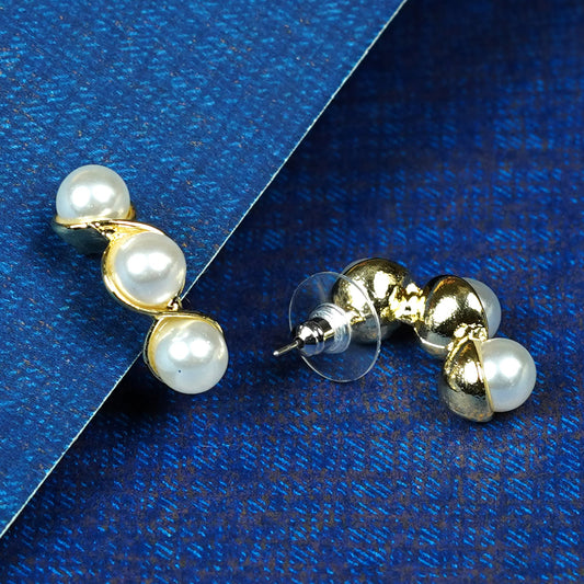 Zevar Club Gold Tone Triple Glossy White Pearl Beaded Curved Wave Design Drop Earrings for Women