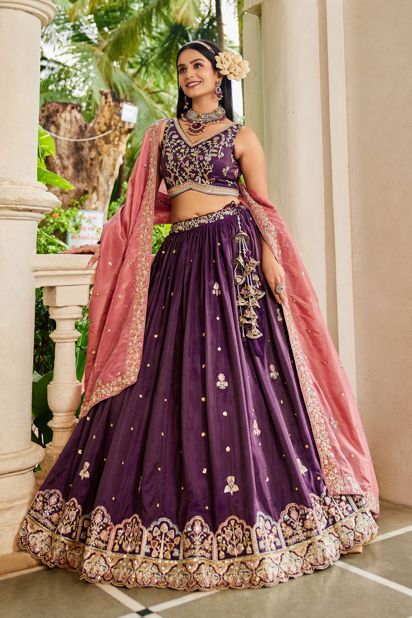 Burgundy colour Satin Sequins embroidery Lehenga choli & Dupatta