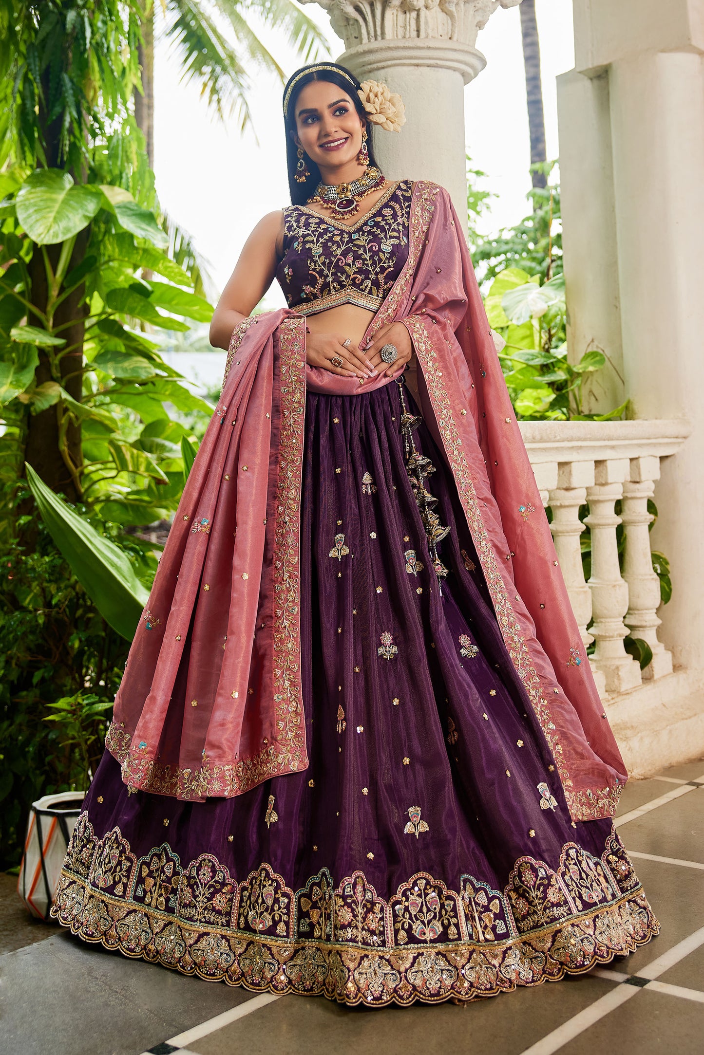 Burgundy colour Satin Sequins embroidery Lehenga choli & Dupatta