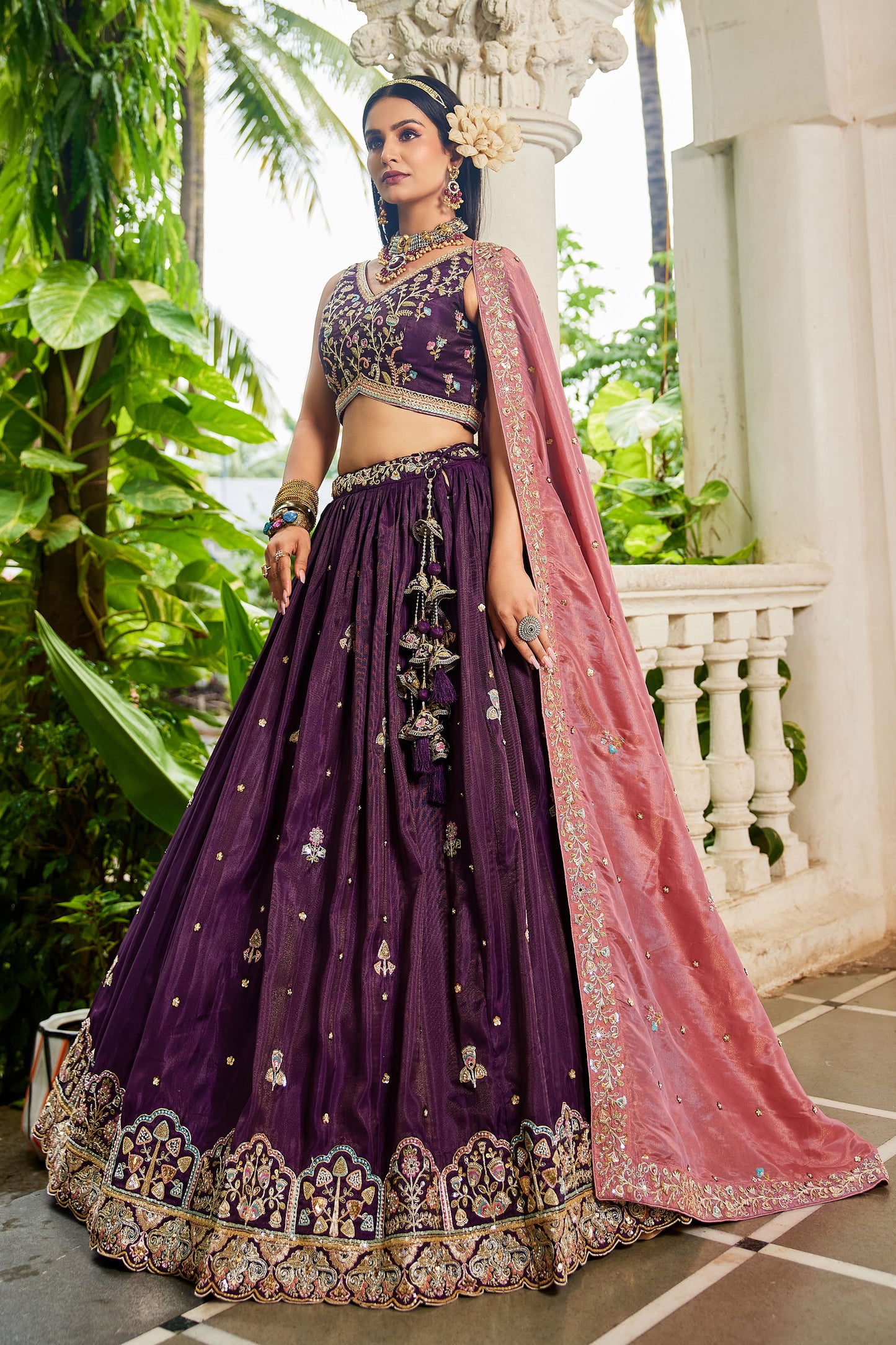 Burgundy colour Satin Sequins embroidery Lehenga choli & Dupatta