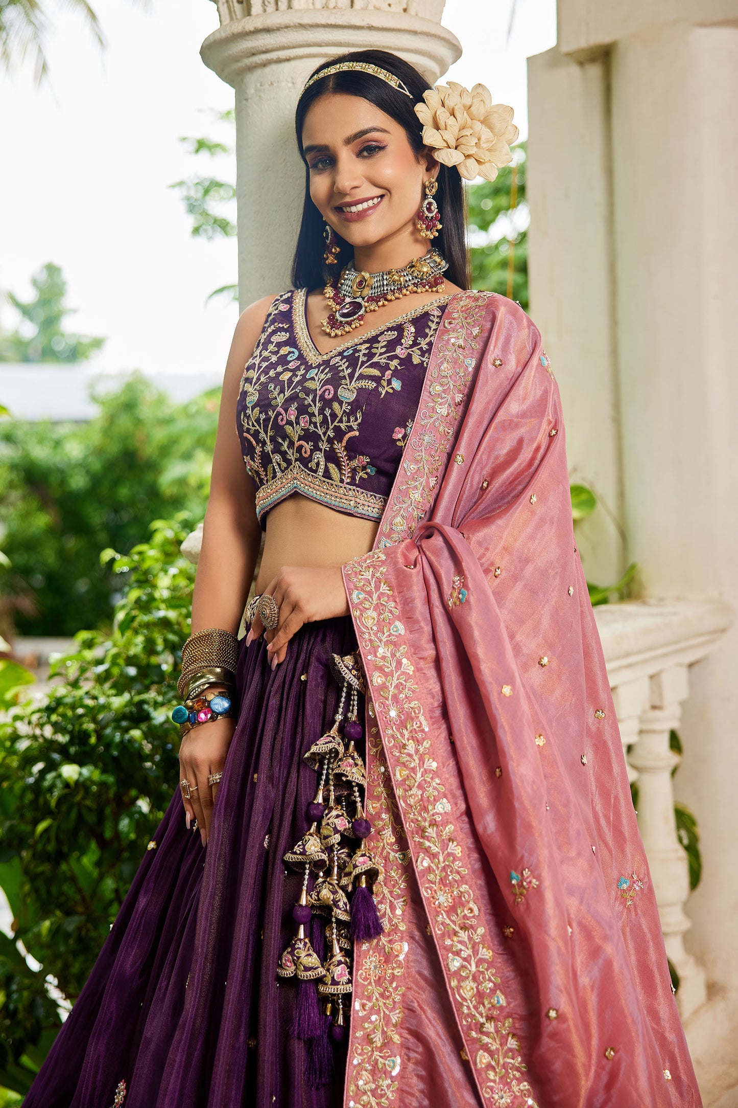 Burgundy colour Satin Sequins embroidery Lehenga choli & Dupatta